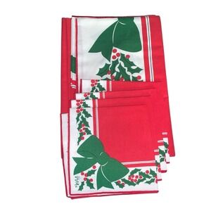 Vintage Vera Christmas 60"x84"Red Holiday Tablecloth & 4Napkins Holly & Bows NIP